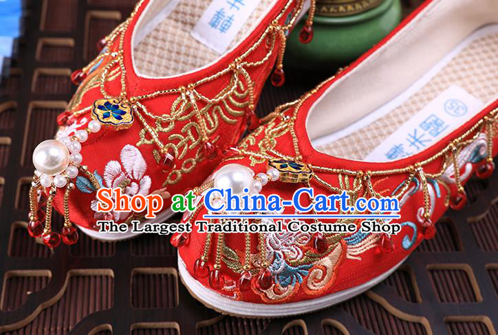 Chinese Embroidered Phoenix Shoes Traditional Hanfu Red Shoes Ancient Bride Wedding Tassel Shoes