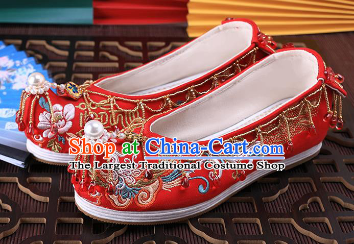 Chinese Embroidered Phoenix Shoes Traditional Hanfu Red Shoes Ancient Bride Wedding Tassel Shoes