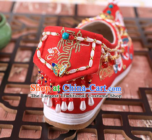 Chinese Traditional Hanfu Red Shoes Ancient Bride Wedding Pearls Shoes Embroidered Phoenix Shoes