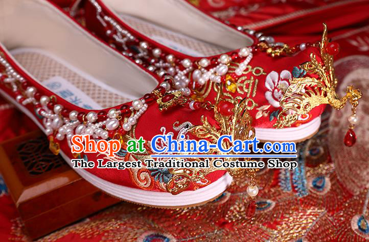 Chinese Traditional Hanfu Golden Phoenix Shoes Ancient Bride Wedding Shoes Red Embroidered Shoes