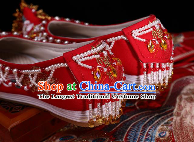 Chinese Traditional Hanfu Golden Phoenix Shoes Ancient Bride Wedding Shoes Red Embroidered Shoes