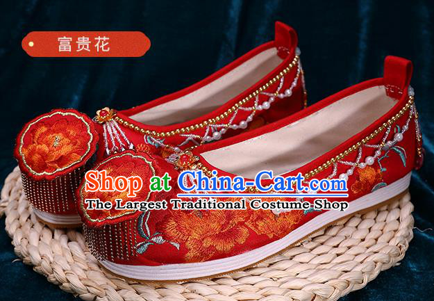 Chinese Traditional Hanfu Golden Beads Shoes Ancient Bride Red Shoes Wedding Embroidered Peony Shoes