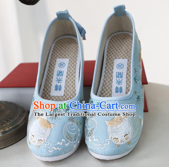 Chinese Ancient Princess Shoes Embroidered Blue Shoes Traditional Ming Dynasty Shoes