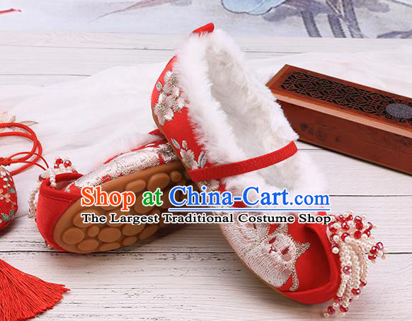 China Traditional Embroidered Shoes Classical Hanfu Red Shoes National Winter Shoes for Kids
