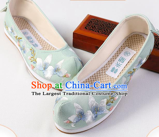 Chinese Traditional Ming Dynasty Princess Shoes Handmade Embroidered Green Shoes Hanfu Bow Shoes