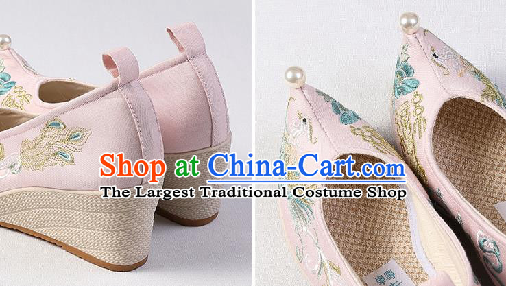 Chinese Traditional Wedge Heel Shoes Handmade Embroidered Phoenix Shoes Hanfu Pink Cloth Shoes