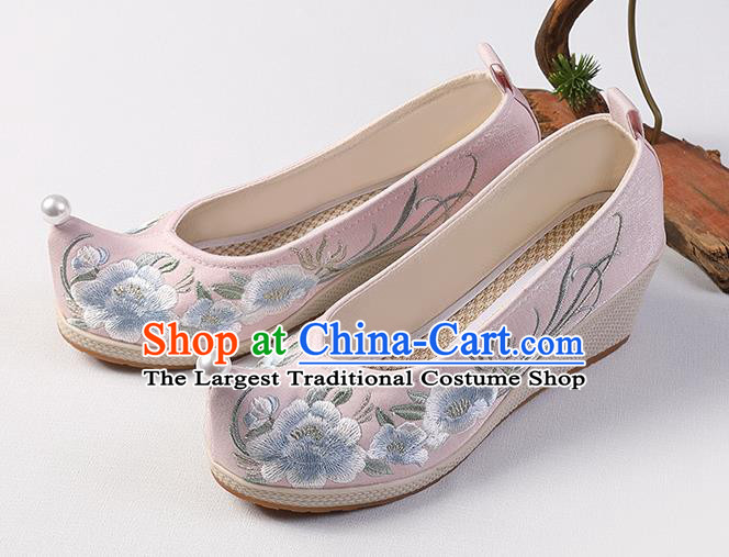 Chinese Hanfu Pink Cloth Shoes Traditional Wedge Heel Shoes Handmade Embroidered Peony Shoes
