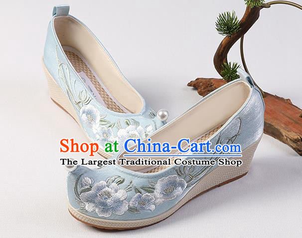 Chinese Hanfu Blue Satin Shoes Handmade Embroidered Peony Shoes Traditional Wedge Heel Shoes