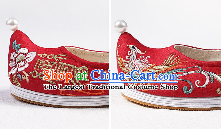 Chinese Handmade Embroidered Phoenix Red Cloth Shoes Traditional Women Shoes Classical Wedding Shoes