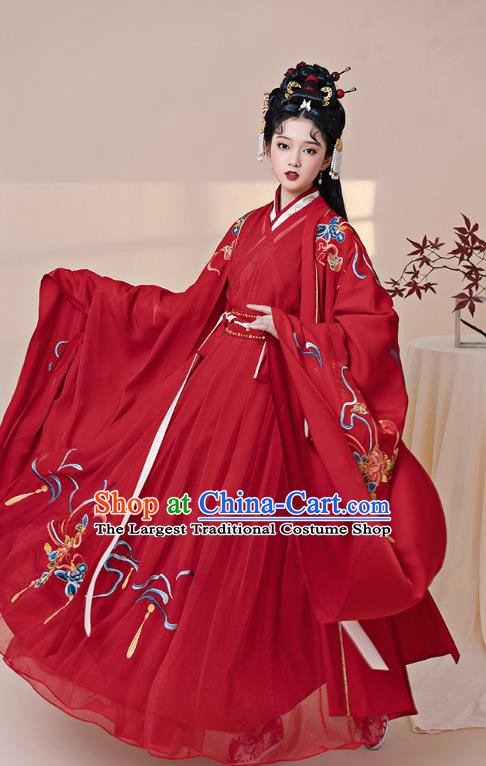 China Ancient Court Woman Red Hanfu Dress Clothing Traditional Jin Dynasty Wedding Historical Costume Complete Set