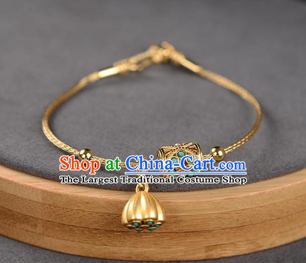 Chinese Classical Kallaite Lotus Seedpod Bracelet Handmade Golden Bangle Jewelry Accessories