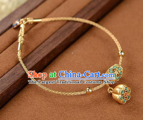 Chinese Classical Kallaite Lotus Seedpod Bracelet Handmade Golden Bangle Jewelry Accessories