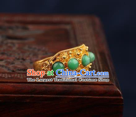 China Traditional Court Chrysoprase Beads Ring Ancient Qing Dynasty Golden Circlet