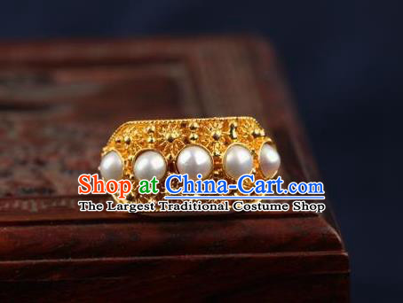 China Ancient Qing Dynasty Golden Circlet Traditional Court Pearls Ring