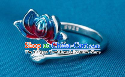 China Traditional Court Silver Ring Ancient Princess Cloisonne Lotus Circlet
