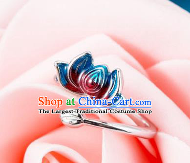 China Traditional Court Silver Ring Ancient Princess Cloisonne Lotus Circlet