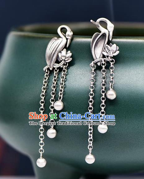 China National Tassel Earrings Traditional Cheongsam Silver Crane Ear Accessories