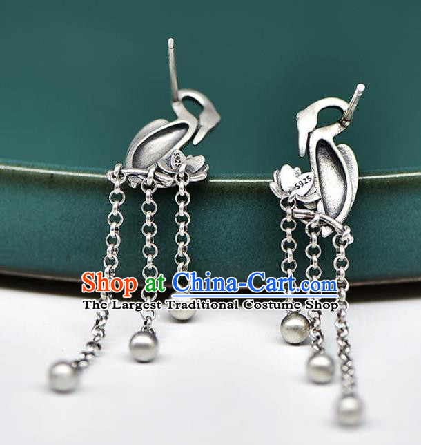 China National Tassel Earrings Traditional Cheongsam Silver Crane Ear Accessories