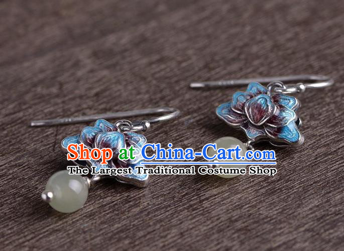 China National Blueing Lotus Earrings Traditional Cheongsam Chalcedony Tassel Ear Accessories
