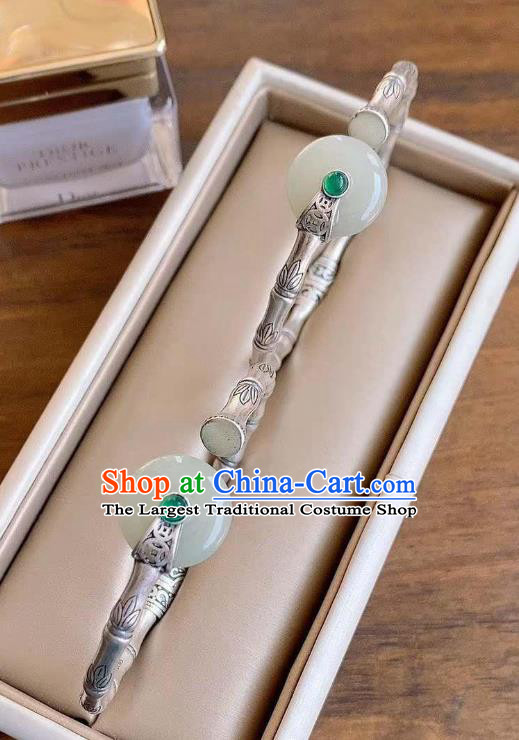 Chinese Classical Silver Bamboo Bracelet Handmade Jade Ring Bangle Jewelry Accessories