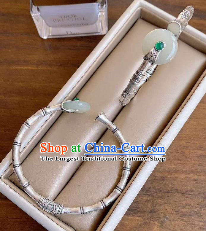 Chinese Classical Silver Bamboo Bracelet Handmade Jade Ring Bangle Jewelry Accessories