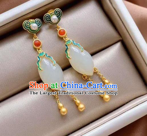 China Traditional Cheongsam White Jade Ear Accessories National Qing Dynasty Court Tassel Earrings