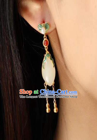 China Traditional Cheongsam White Jade Ear Accessories National Qing Dynasty Court Tassel Earrings
