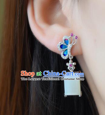 China Traditional Cheongsam White Jade Ear Accessories National Qing Dynasty Court Blueing Butterfly Earrings