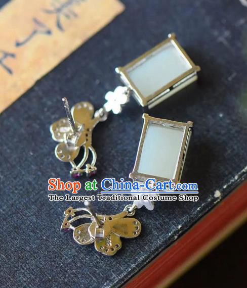 China Traditional Cheongsam White Jade Ear Accessories National Qing Dynasty Court Blueing Butterfly Earrings