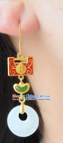 China Traditional Cheongsam Enamel Red Lock Ear Accessories National Wedding Jade Earrings