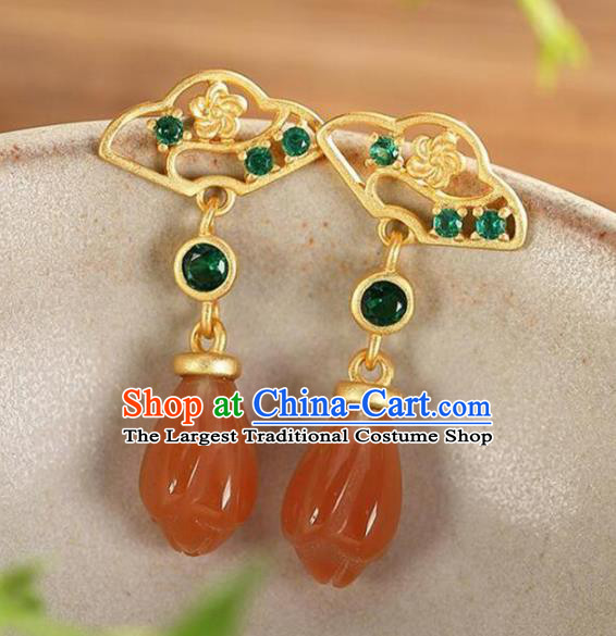 China Traditional Cheongsam Green Crystal Ear Accessories National Wedding Red Agate Mangnolia Earrings