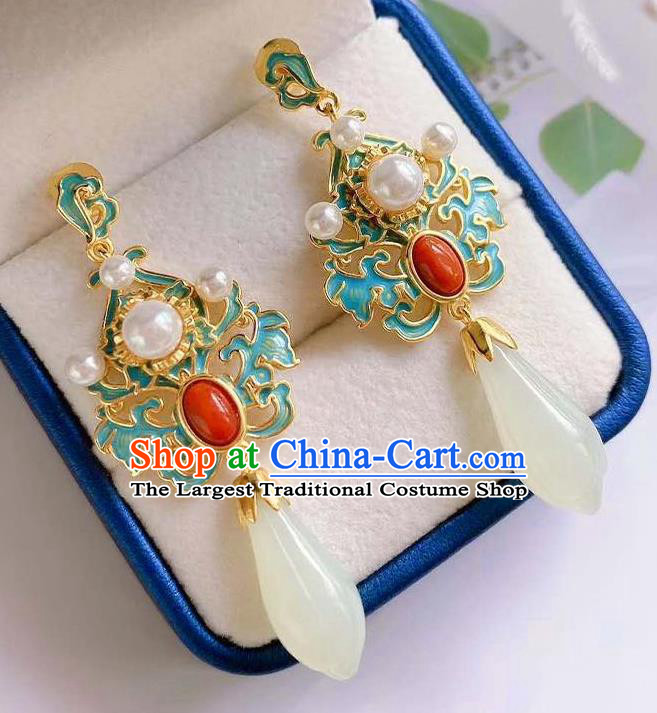 China Traditional Cheongsam Agate Ear Accessories National Wedding Jade Mangnolia Earrings