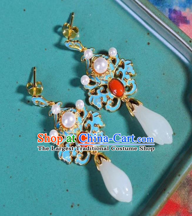 China Traditional Cheongsam Agate Ear Accessories National Wedding Jade Mangnolia Earrings