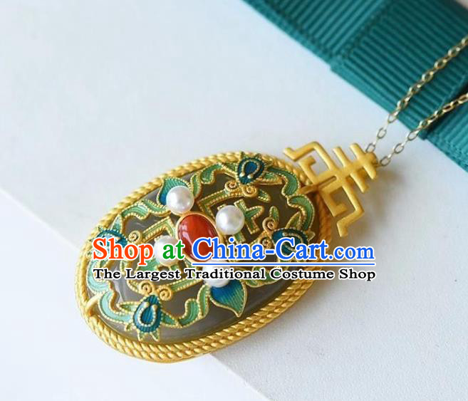 China Handmade Jade Necklace Pendant Jewelry Accessories Traditional Qing Dynasty Pearls Necklet