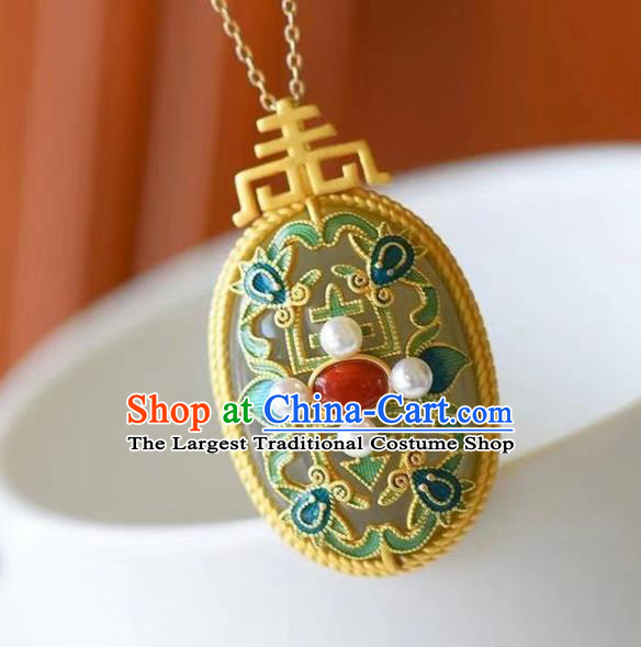 China Handmade Jade Necklace Pendant Jewelry Accessories Traditional Qing Dynasty Pearls Necklet