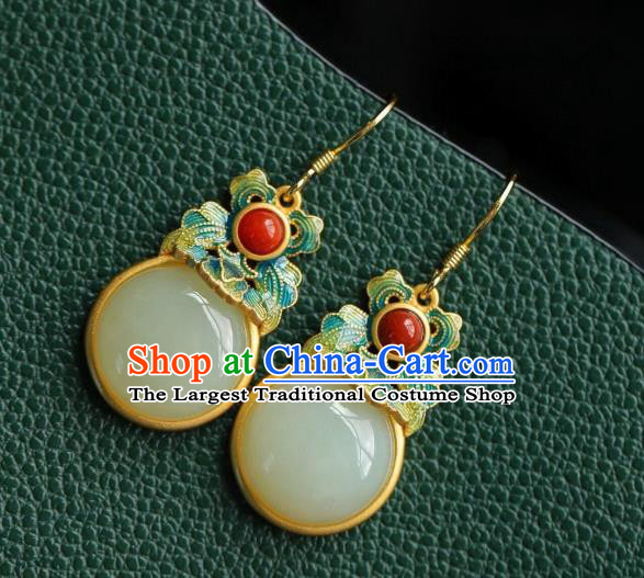 China Traditional Cheongsam Enamel Ear Accessories National White Jade Earrings