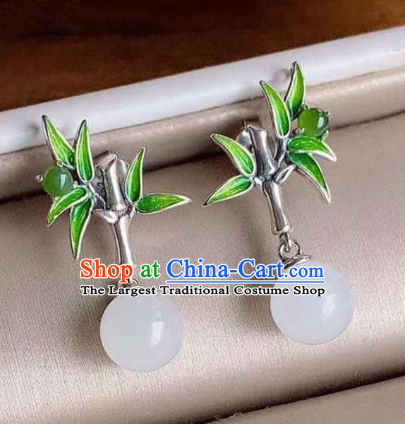 China National Silver Bamboo Earrings Traditional Cheongsam Chalcedony Ear Accessories