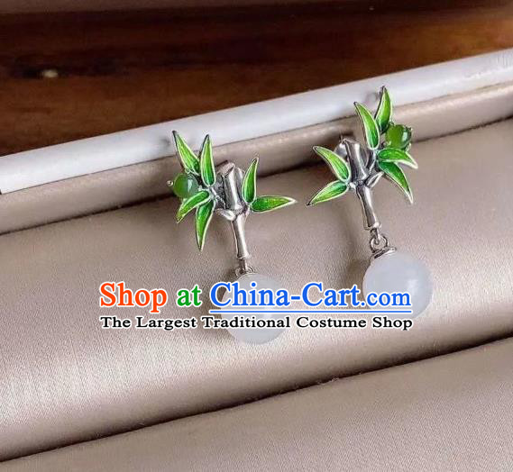 China National Silver Bamboo Earrings Traditional Cheongsam Chalcedony Ear Accessories