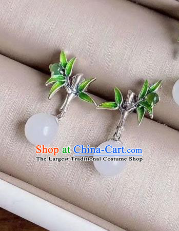 China National Silver Bamboo Earrings Traditional Cheongsam Chalcedony Ear Accessories