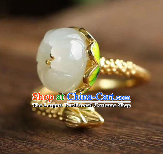 Chinese Handmade Golden Ring Jewelry Accessories Classical Jade Mangnolia Circlet