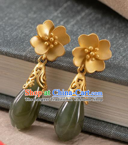 China National Jade Mangnolia Earrings Traditional Cheongsam Golden Ear Accessories