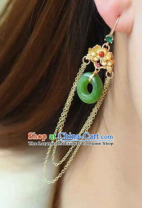 China National Golden Peony Tassel Earrings Traditional Cheongsam Jade Ear Jewelry Accessories