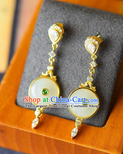 China Traditional Cheongsam Crystal Ear Jewelry Accessories National Jade Peace Buckle Earrings