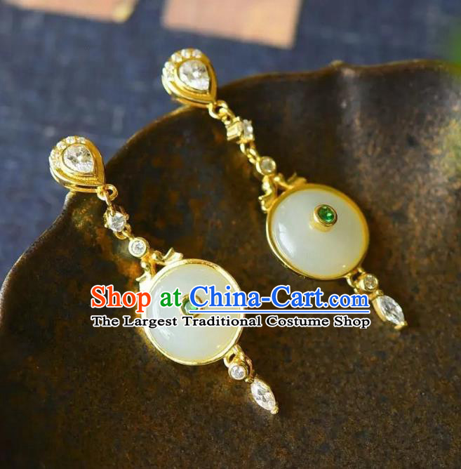 China Traditional Cheongsam Crystal Ear Jewelry Accessories National Jade Peace Buckle Earrings