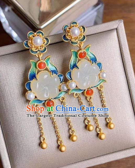 China Traditional Golden Tassel Ear Jewelry Accessories National Cheongsam Enamel Jade Plum Earrings