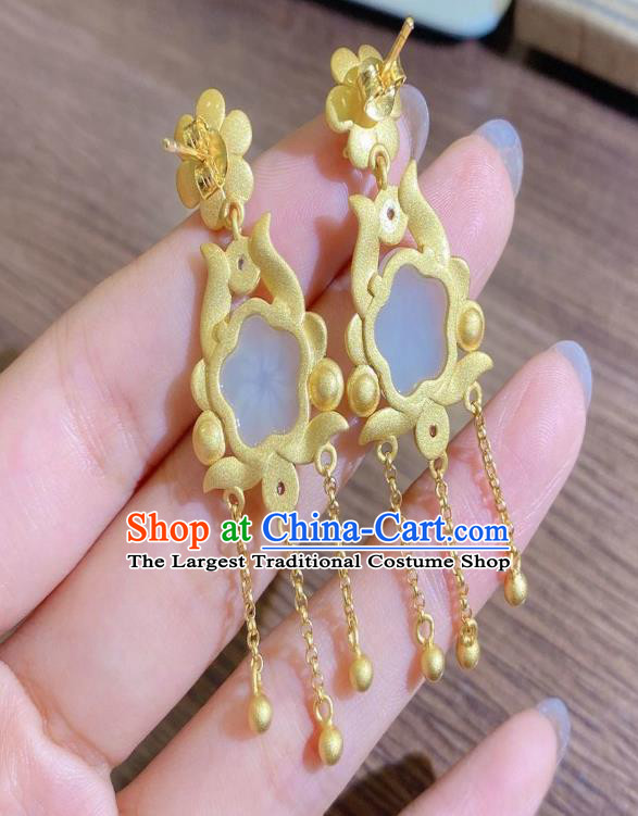 China Traditional Golden Tassel Ear Jewelry Accessories National Cheongsam Enamel Jade Plum Earrings