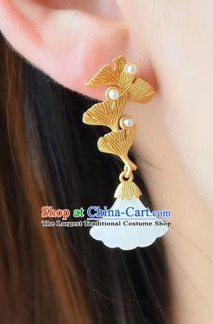 China Traditional Golden Ear Jewelry Accessories National Cheongsam Jade Ginkgo Leaf Earrings