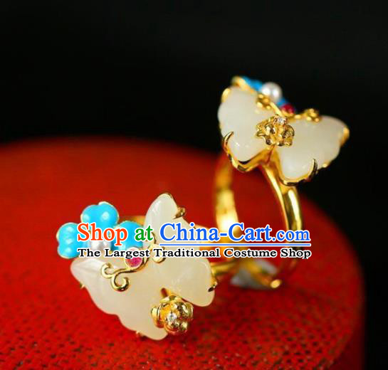 Chinese Handmade Jade Butterfly Ring Jewelry Accessories Classical Court Golden Circlet
