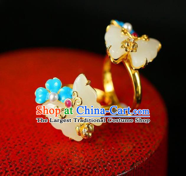 Chinese Handmade Jade Butterfly Ring Jewelry Accessories Classical Court Golden Circlet
