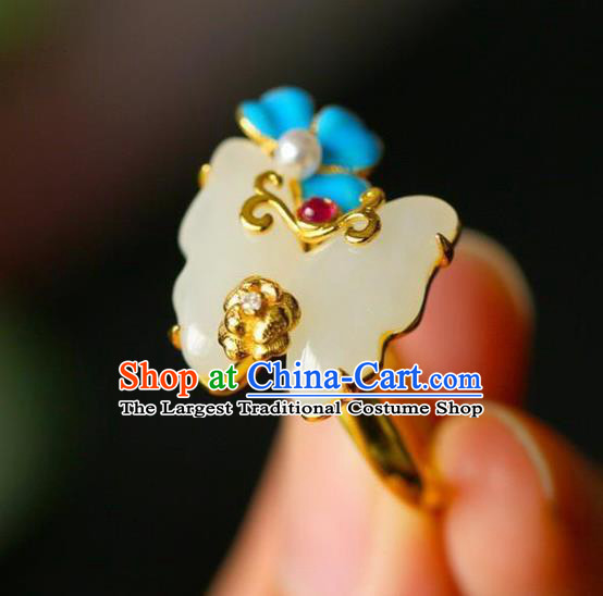 Chinese Handmade Jade Butterfly Ring Jewelry Accessories Classical Court Golden Circlet